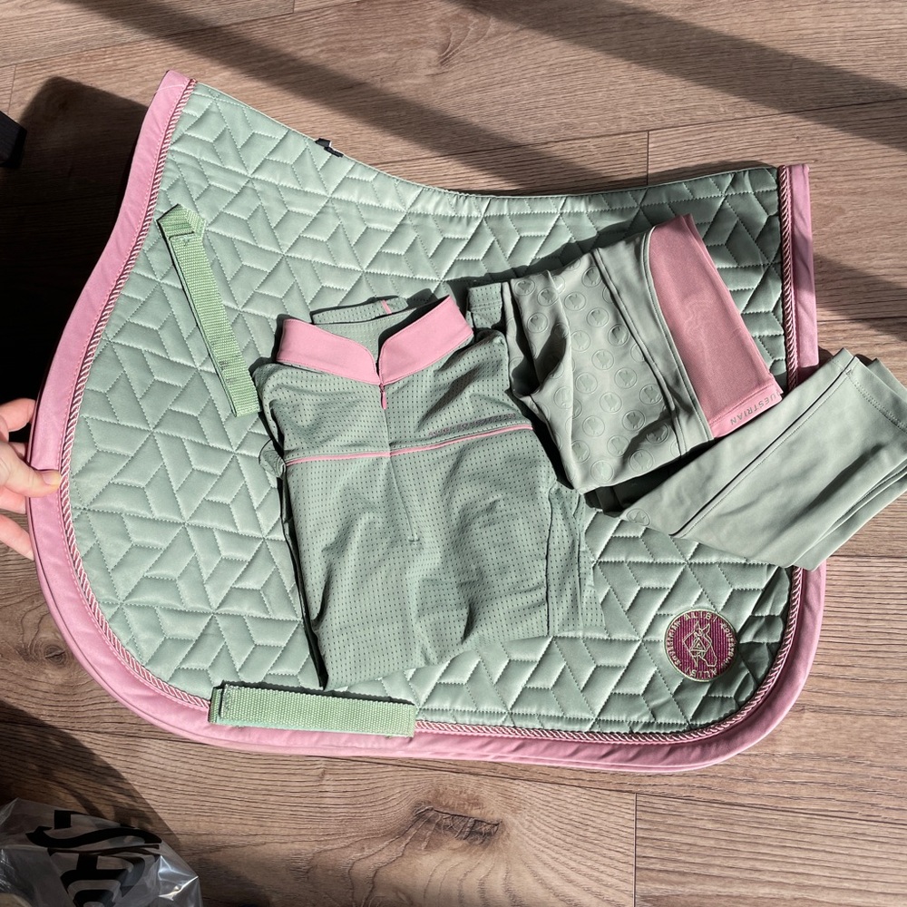 Green and Pink Equestrian Set with saddle pad, breeches and longsleeve